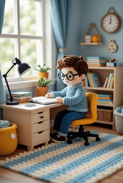 Crochet boy studying at desk